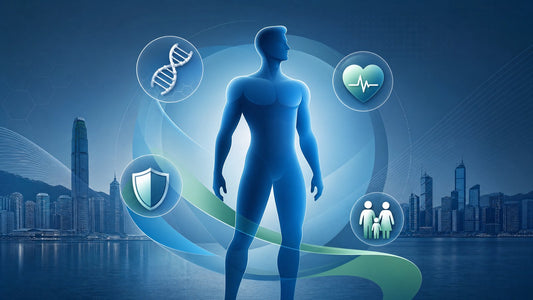 男士健康示意圖：男性剪影配以DNA、心臟脈搏、防護盾與家庭圖示，背景為香港天際線，象徵男性泌尿健康與生育能力｜崔家倫醫生泌尿科資訊